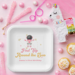 Assiettes En Carton Premier voyage rose autour du soleil Premier anniv