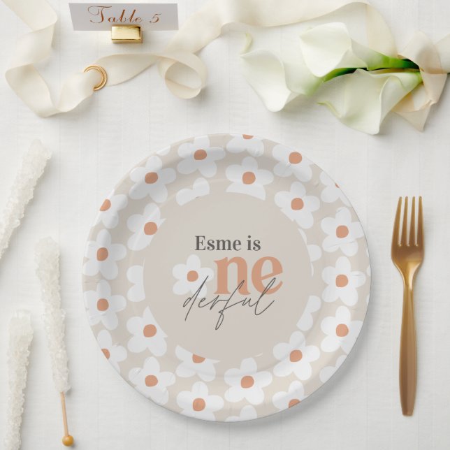 Assiettes En Carton Première anniversaire marguerite boho rétro terrac (Mariage)