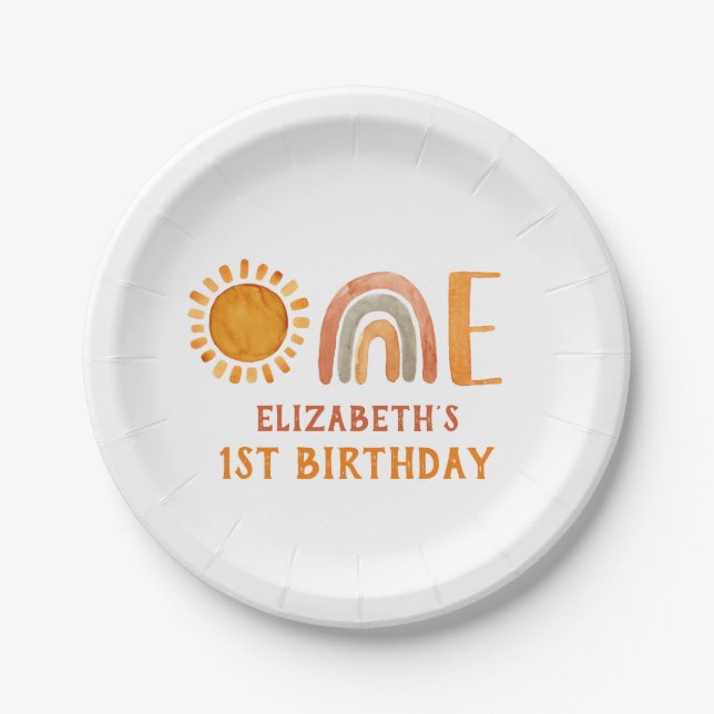 Assiettes En Carton Première aquarelle d'anniversaire arc-en-ciel et s (Devant)