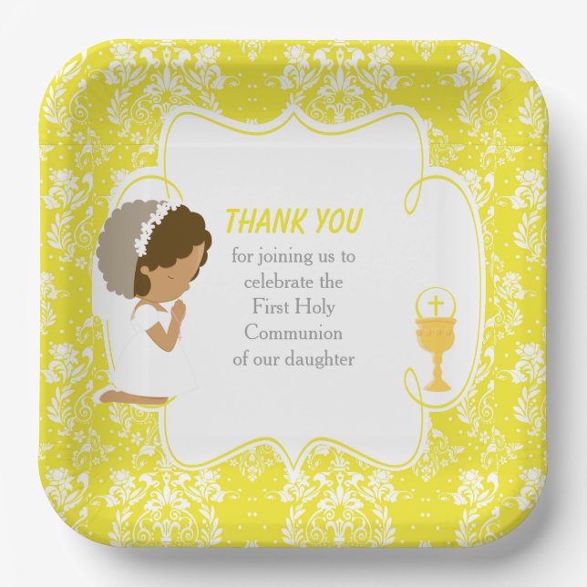 Assiettes En Carton Première communion Africain Américain Jaune Damas (Recto)