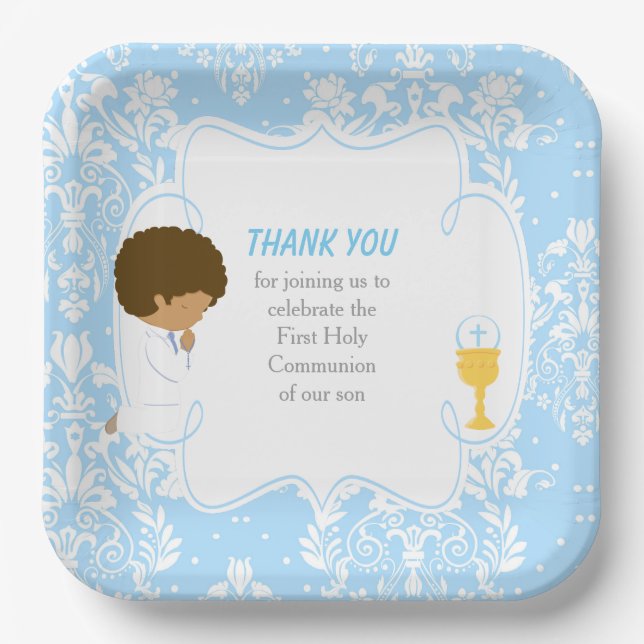 Assiettes En Carton Première communion Afro-Américain Bleu Damas (Recto)