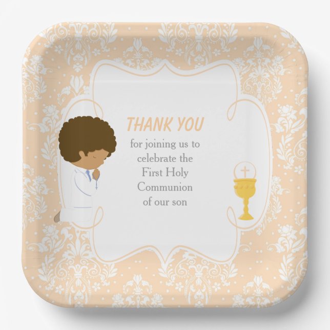 Assiettes En Carton Première communion Afro-Américain Peach Damask (Recto)
