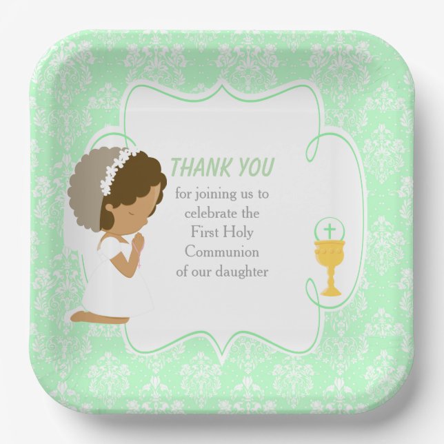 Assiettes En Carton Première communion Afro-Américain Vert Damas (Recto)