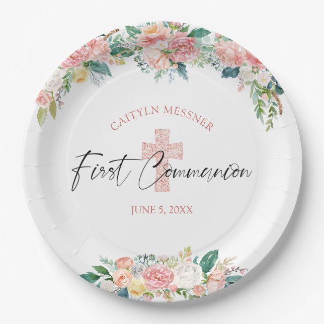 Assiettes En Carton Première Communion Aquarelle Florale Rose Croix ro (Devant)