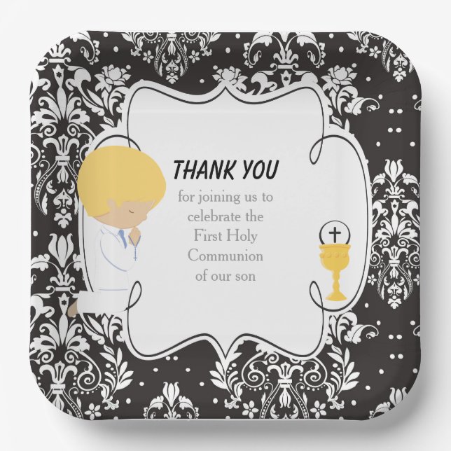 Assiettes En Carton Première Communion Blonde Boy Black Damask (Recto)