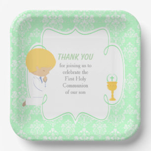 Assiettes En Carton Première Communion Blonde Boy Green Damask