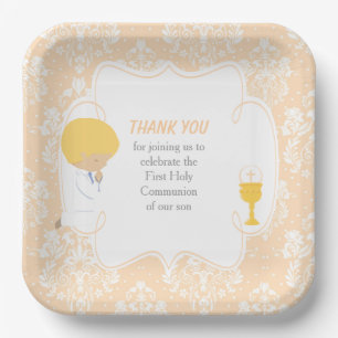 Assiettes En Carton Première Communion Blonde Boy Peach Damask