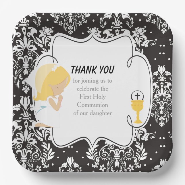 Assiettes En Carton Première Communion Blonde Girl Black Damask (Recto)
