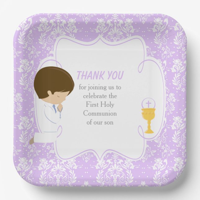 Assiettes En Carton Première Communion Brunette Garçon Purple Damask (Recto)