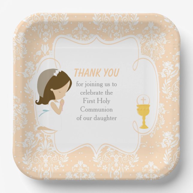 Assiettes En Carton Première Communion Brunette Girl Peach Damask (Recto)