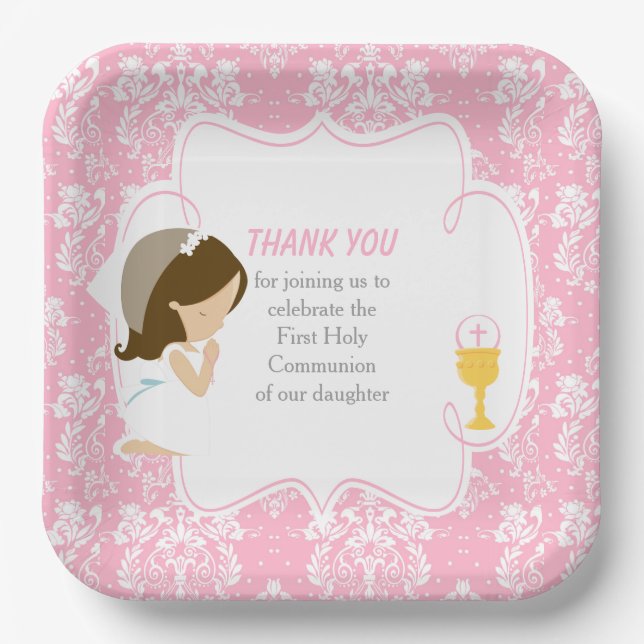 Assiettes En Carton Première Communion Brunette Girl Rose Damask (Recto)