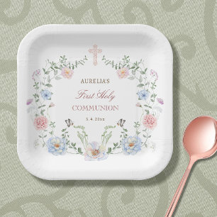 Assiettes En Carton Première communion de cadre floral élégant
