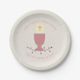 Assiettes En Carton Première communion de calice rose