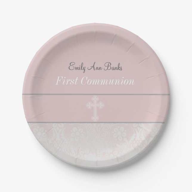 Assiettes En Carton Première communion de dentelle rose (Devant)