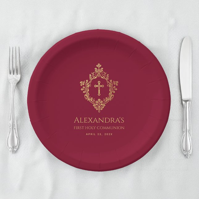 Assiettes En Carton Première communion de fille Burgundy Gold Crest Él (Créateur téléchargé)