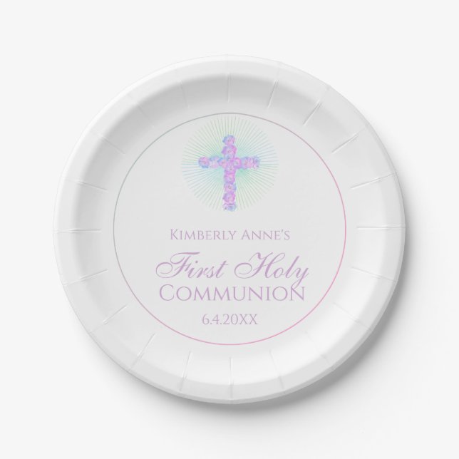 Assiettes En Carton Première communion Floral Cross Lavender Monogramm (Devant)