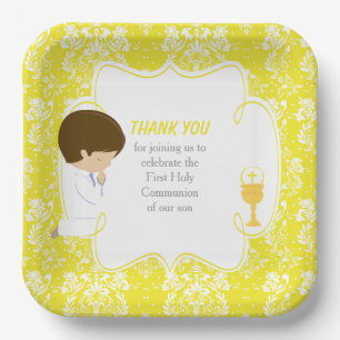 Assiettes En Carton Première communion garçon brun damassé jaune