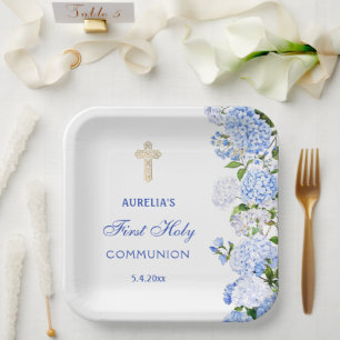 Assiettes En Carton Première communion Hydrangea Bleue