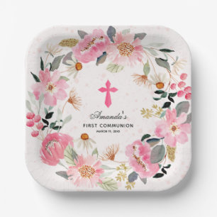 Assiettes En Carton Première communion moderne Fille rose florale