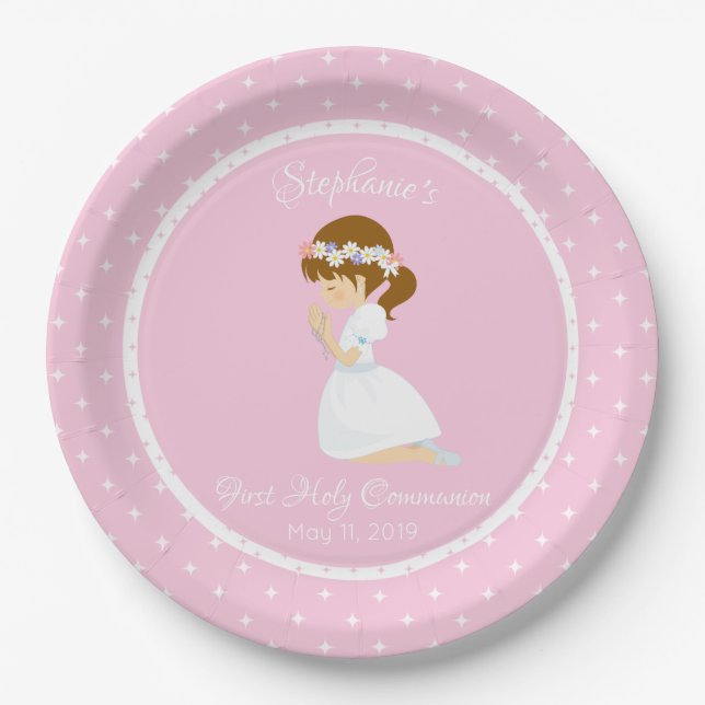 Assiettes En Carton Première communion personnalisée Brunette Girl (Devant)