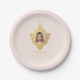 Assiettes En Carton Première Communion Rose Gold Girl Photo Vintage Cr