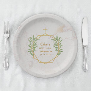 Assiettes En Carton Première Communion Verdure Or Botanique Géométriqu