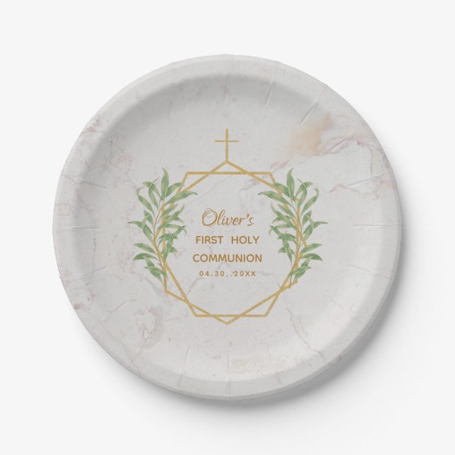 Assiettes En Carton Première Communion Verdure Or Botanique Géométriqu (Devant)