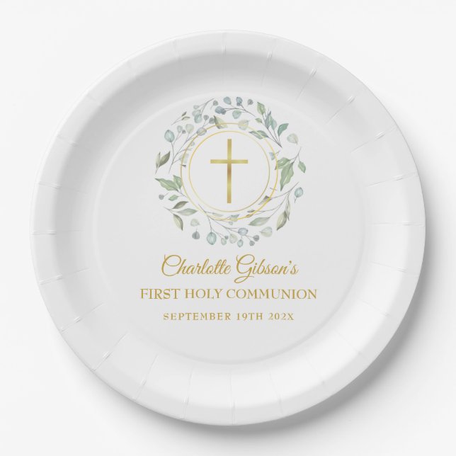 Assiettes En Carton Première Sainte Communion Croix d'or Verdure (Devant)