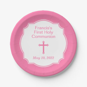 Assiettes En Carton Première sainte communion de fille de Croix rose p