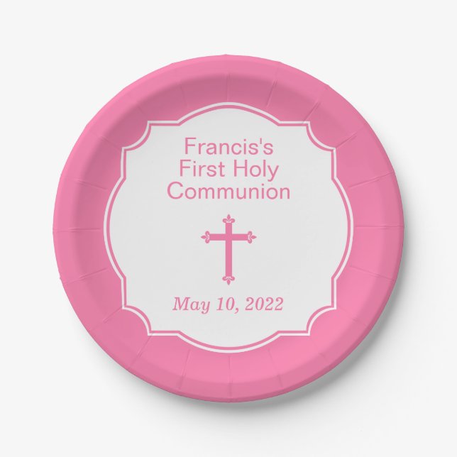 Assiettes En Carton Première sainte communion de fille de Croix rose p (Devant)