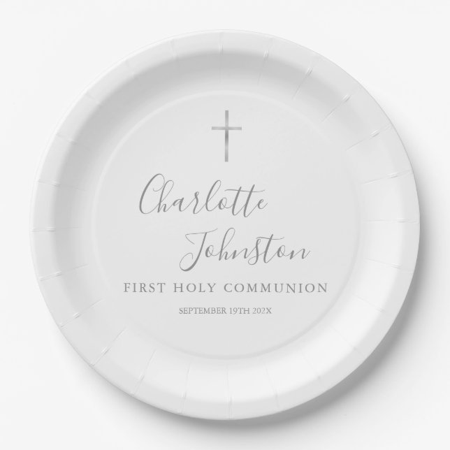 Assiettes En Carton Première Sainte Communion Moderne Argent Script (Devant)