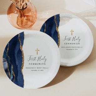 Assiettes En Carton Première Sainte Communion Paillettes Or Agate Bleu