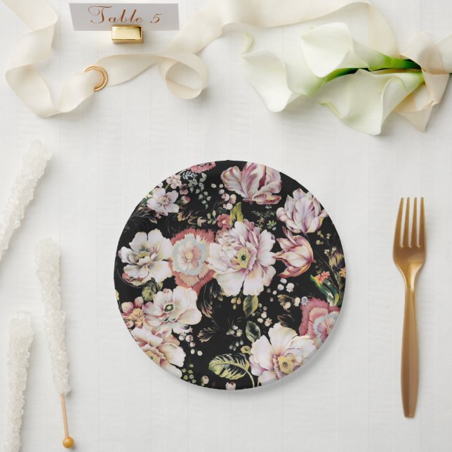 Assiettes En Carton Preppy bohème pays girly chic noir floral (Mariage)