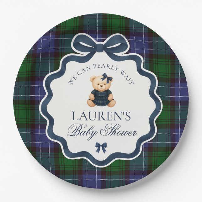 Assiettes En Carton Preppy Coquette Bow Bear Plaid Baby Shower  (Devant)