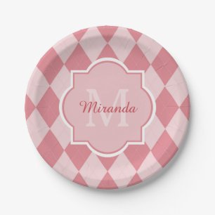 Assiettes En Carton Preppy Light Pink Jacquard Girly Monogramme Nom du