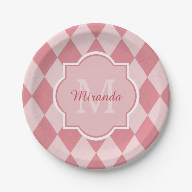 Assiettes En Carton Preppy Light Pink Jacquard Girly Monogramme Nom du (Devant)