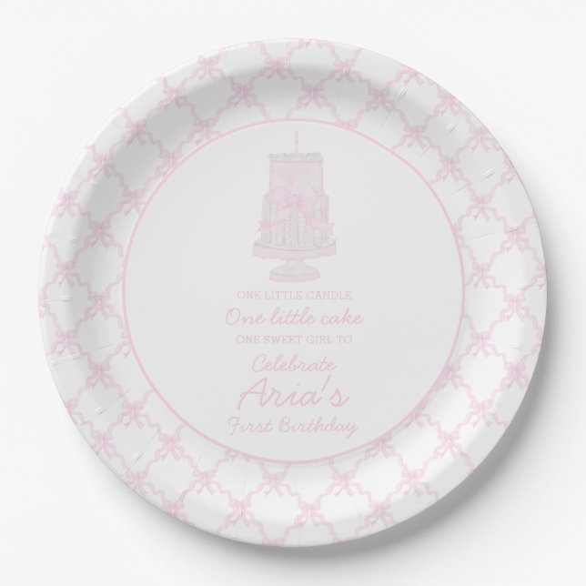 Assiettes En Carton Preppy rose Anniversaire gâteau Premier anniversai (Devant)