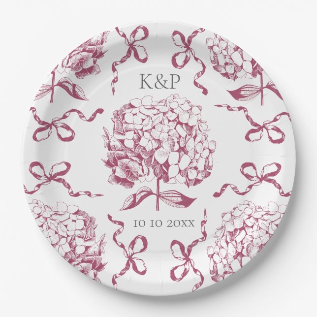 Assiettes En Carton Preppy Toile rose Hydrangea Bow avec nom (Devant)
