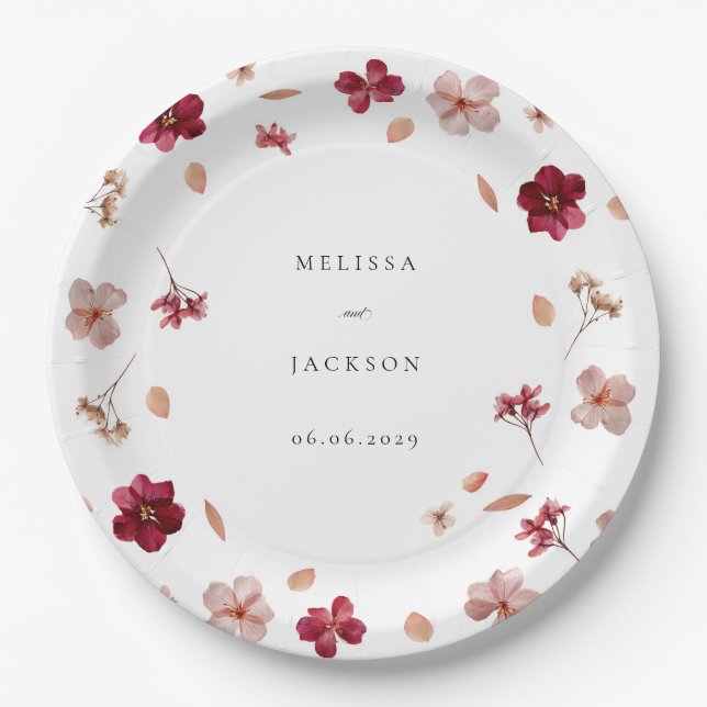 Assiettes En Carton Pressé rose rouge et crème, design Mariage floral (Devant)