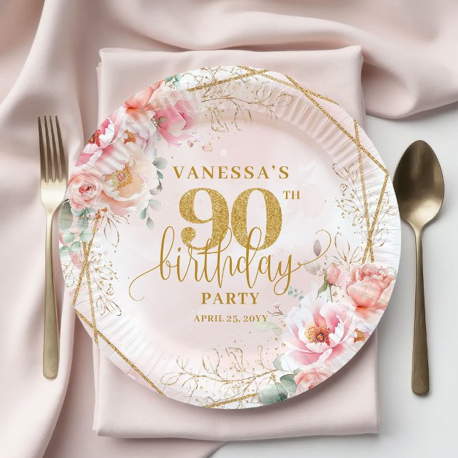 Assiettes En Carton Pretty Blush Floral Gold Frame 90th Birthday Party (Pretty Blush Floral Gold Frame 90th Birthday Party Plate)