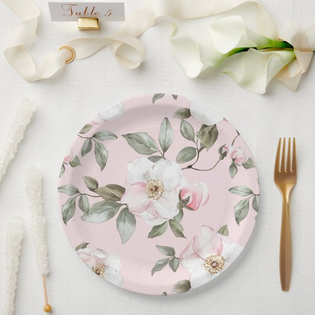 Assiettes En Carton Pretty Blush Pink White Flowers Wedding  (Mariage)