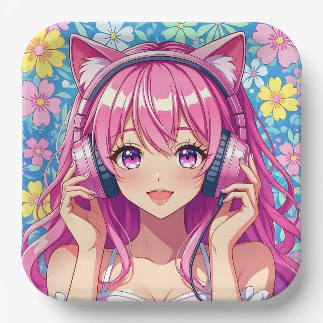 Assiettes En Carton Pretty Pink Anime Girl's Birthday Party (Recto)