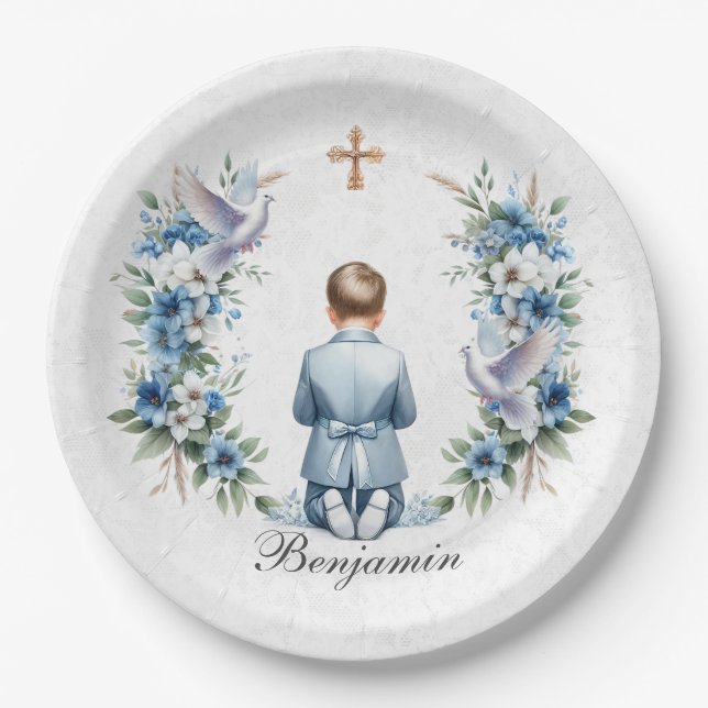 Assiettes En Carton Prier Garçon Sainte Communion (Devant)