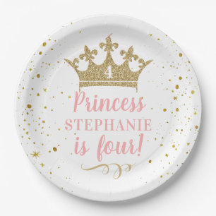 Assiettes En Carton Princess Party Gold Couronne Confetti rose