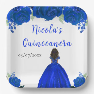 Assiettes En Carton Princesse à la peau foncée Robe fleurie bleue pour