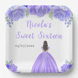 Assiettes En Carton Princesse aux Cheveux Bruns Fleurs Violettes Flora