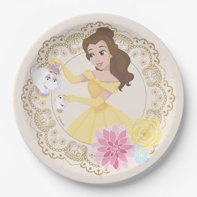 Assiettes En Carton Princesse Belle | Floral Gold Confetti (Devant)