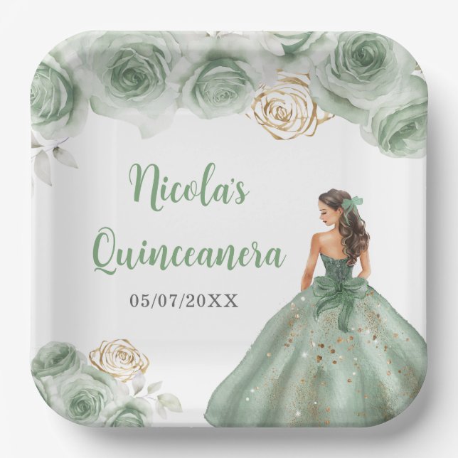 Assiettes En Carton Princesse Florale dans une robe verte Sage Quincea (Recto)