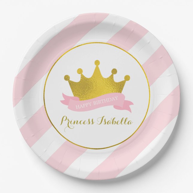 Assiettes En Carton Princesse rose et or fête d'anniversaire (Devant)