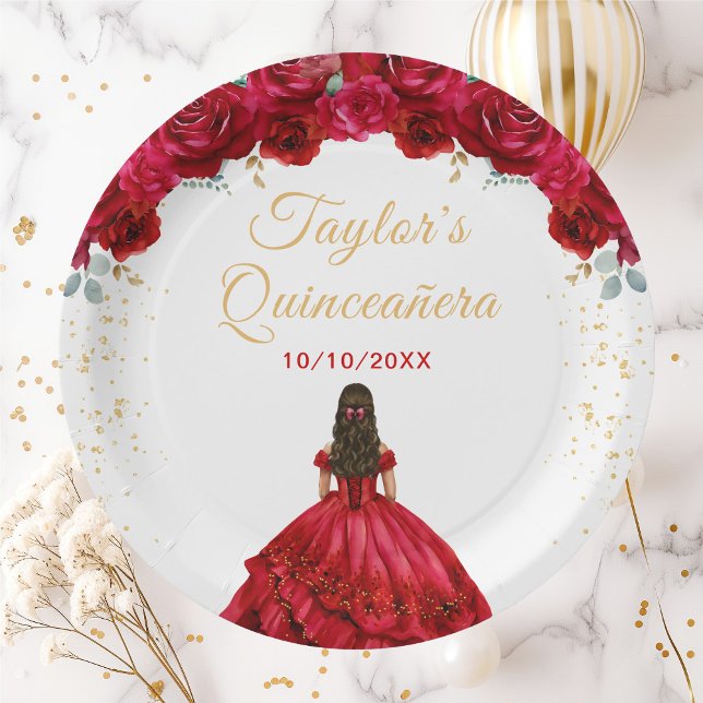 Assiettes En Carton Princesse Rouge Floral Quinceañera (Créateur téléchargé)